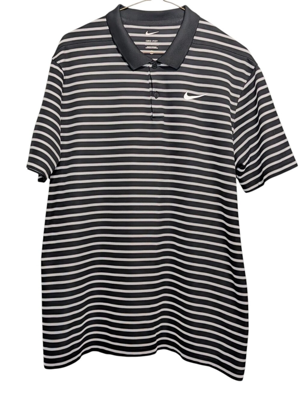 Nike Mens Size Large Dri Fit Polo Top Stripe Golf Sporty Preppy Black White Grey